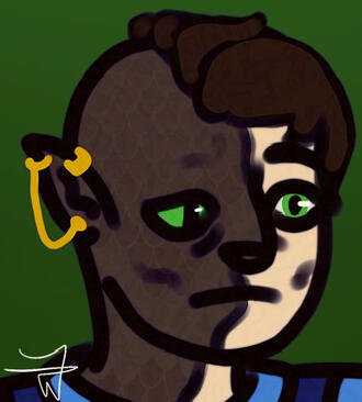 Digital headshot drawing of a person with scales on the left side of their face and fair skin on the right side.